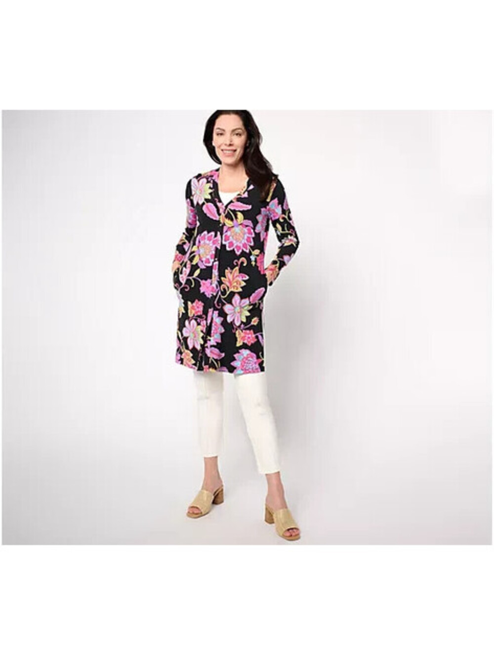 Susan Graver Printed Liquid Knit Button Front Cardigan Duster, Size Petite 3X